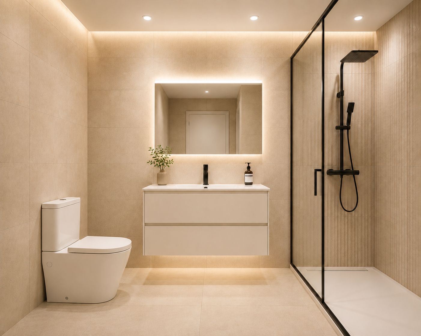 Baño con ducha y mueble suspendido