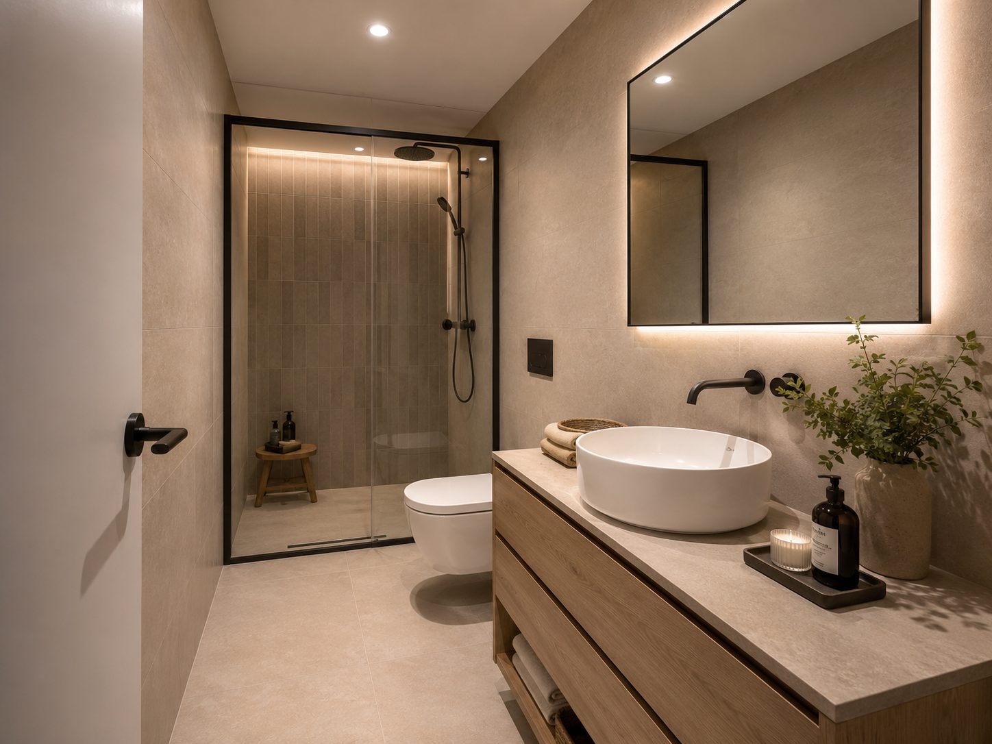 Baño con ducha y mueble suspendido