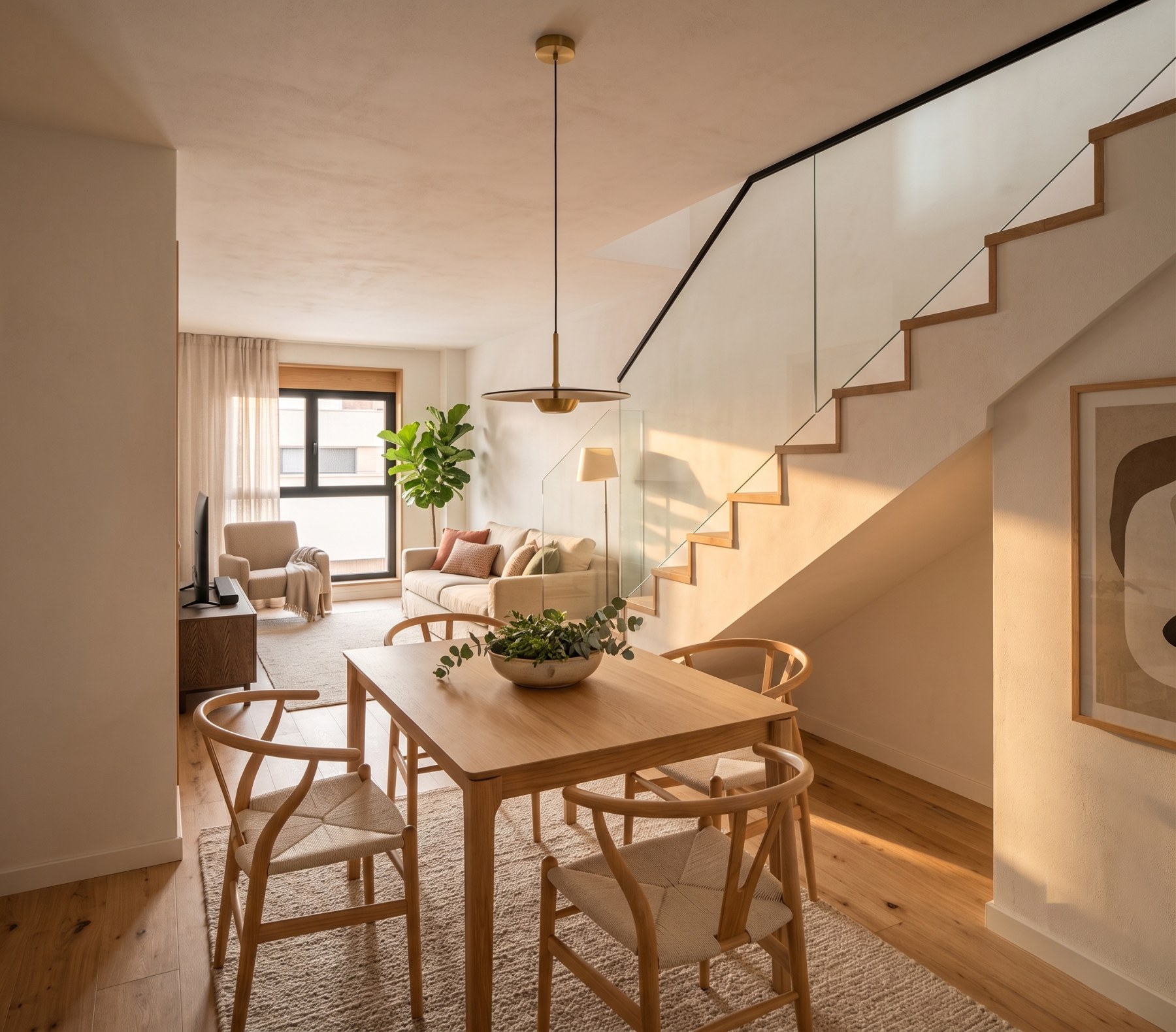 Salón comedor de un dúplex con la escalera a la planta superior