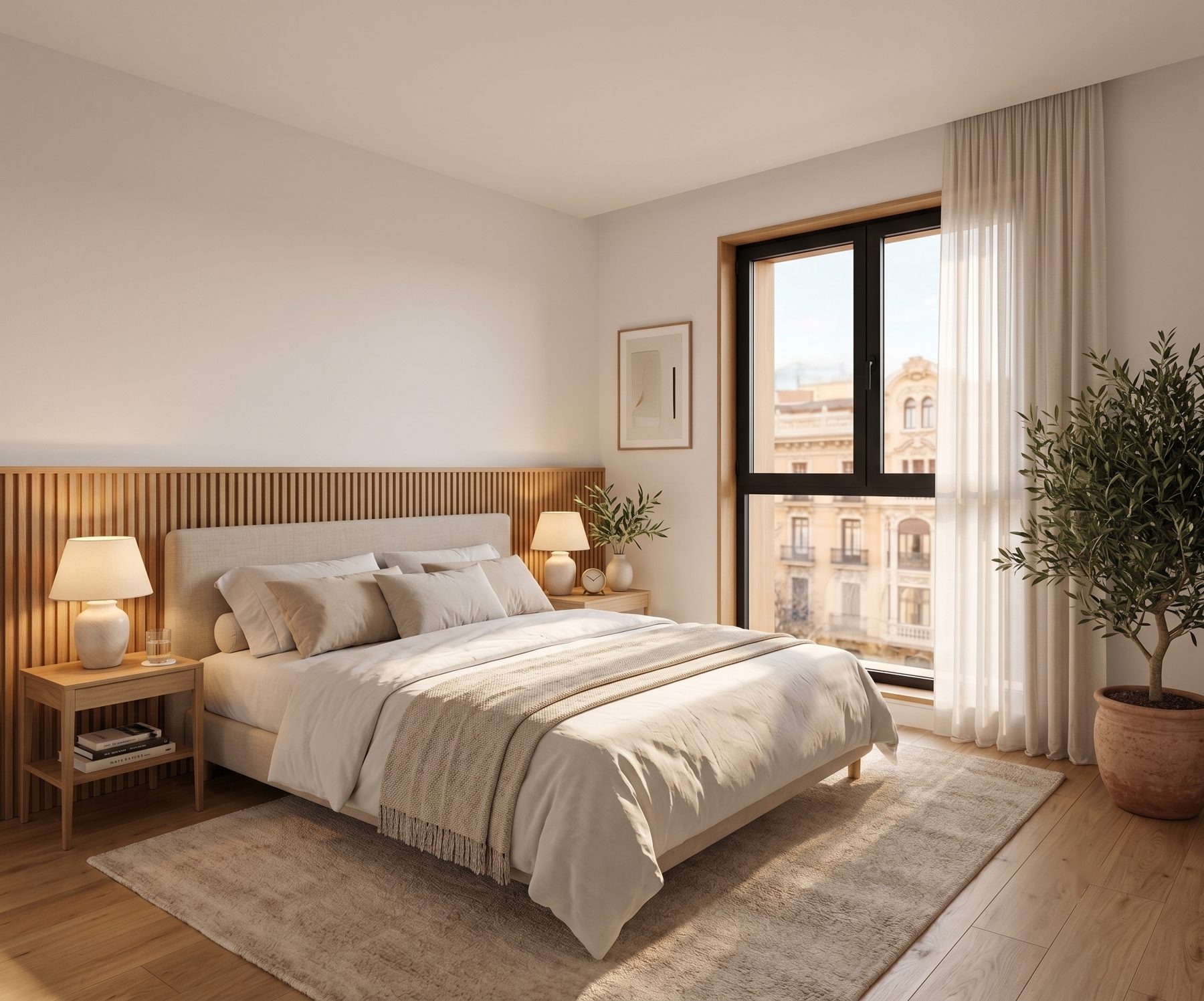 Dormitorio con gran ventanal y suelo de madera