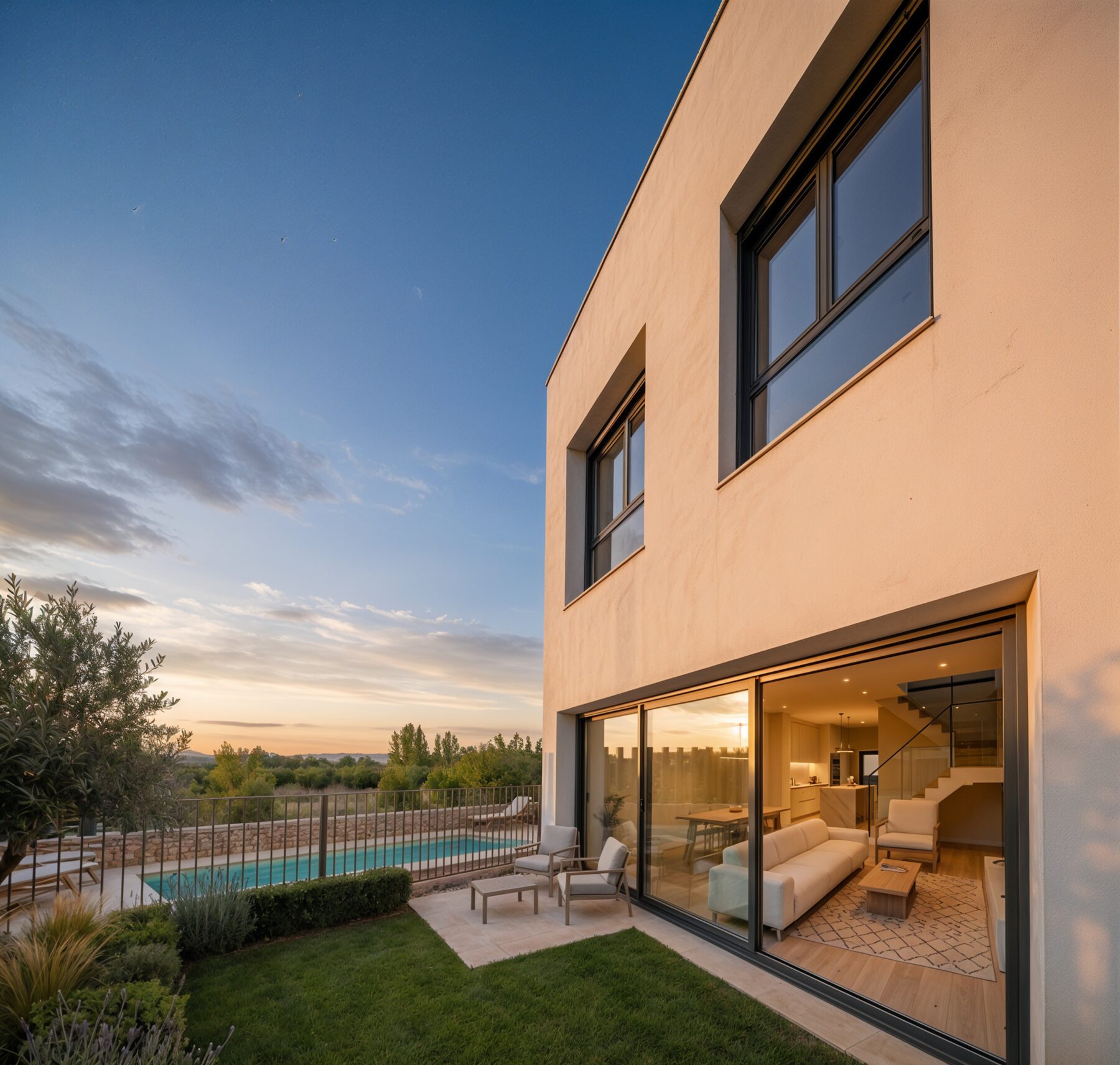 Vivienda al atardecer con jardín privado y la piscina comunitaria al fondo