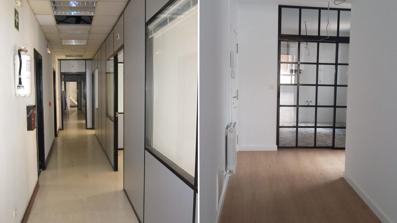 Oficinas de Alameda Urquijo antes y después de su transformación en viviendas